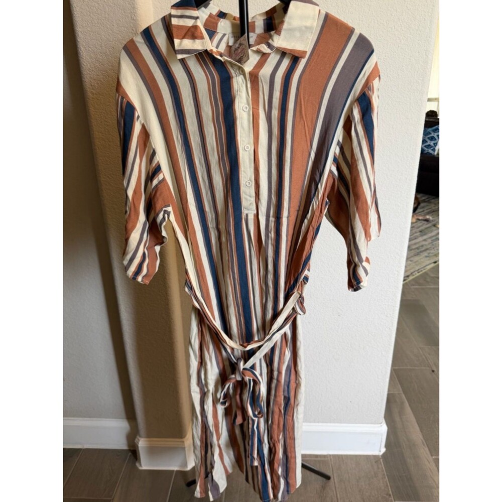 Dress Forum LA Striped Button-Front Shirt Midi Dress in Cream, Brown & Blue M